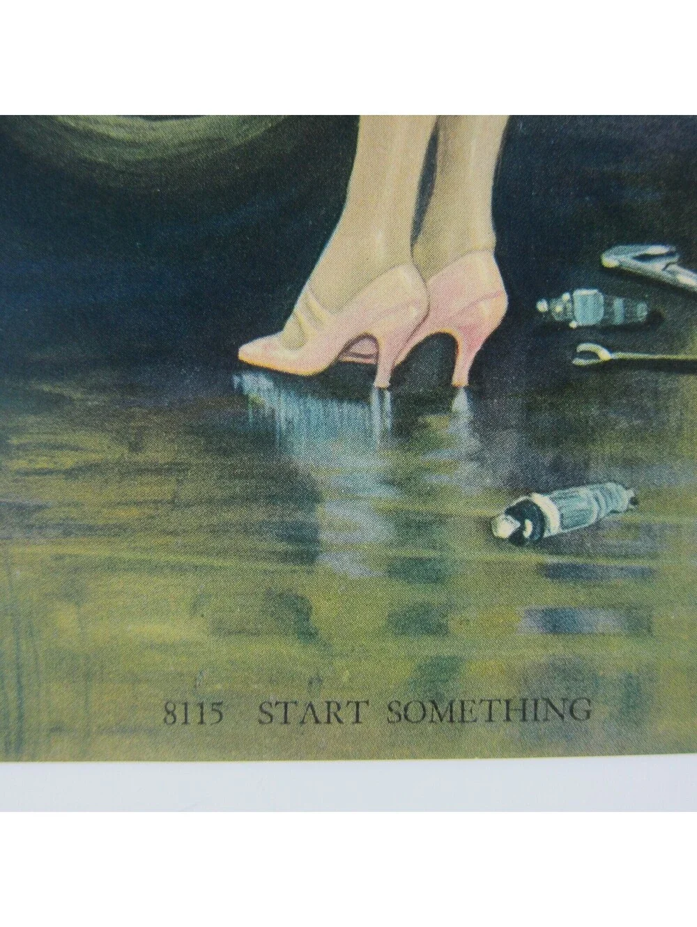 1920s Art Print Flapper Girl Fixes Antique Yellow Car Dog Police Man Horse City